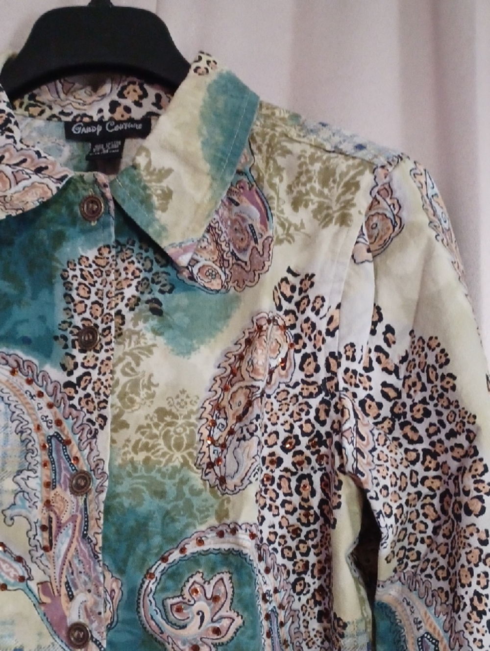 Gaudy Couture Paisley Animal Print Denim Jacket Rhinestones Button Front Sz M - Picture 5 of 15